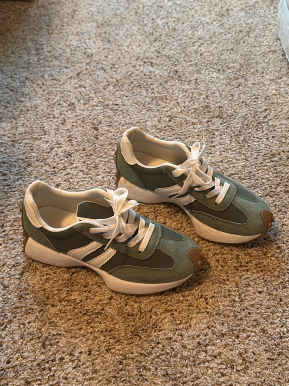 Green and White Suede Athletic Sneakers